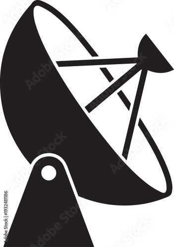 3D isometric satellite dish antenna icon isolated on a white background as a black silhouette vector symbol for radio communication and television broadcasting technology