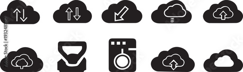 Set of black and white cats vector illustration icons featuring a camera and music sign for web design technology and digital photography equipment objects.