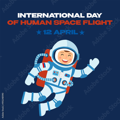Happy floating cosmonaut character in suit for April 12 Cosmonautics Day holiday
