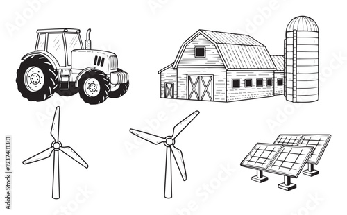 A collection of agricultural machinery and sustainable energy sources including a farm tractor, barn with silo, two wind turbines, and solar panels for rural lifestyle or renewable energy