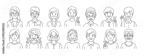 A collection of diverse Asian senior and young adults presenting various happy expressions and hand gestures, perfect for illustrating user profiles, avatars, or diverse demographic
