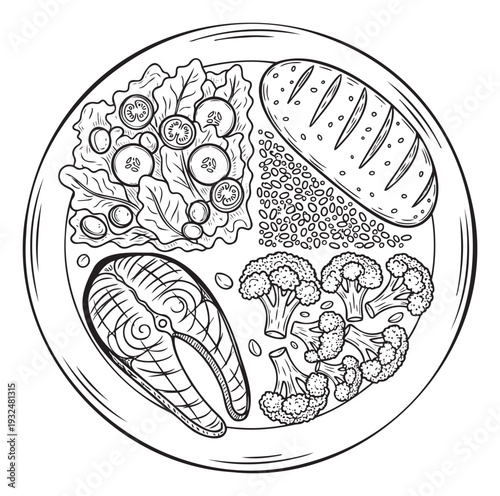 Healthy meal plate with salmon steak, fresh green salad, whole grains, steamed broccoli, and baked bread perfect for diet plans and nutritional guides