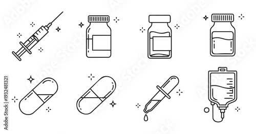 Medical healthcare supplies icons set including syringe pill liquid medicine bottles capsules dropper pipette IV drip bag for health wellness and treatment concepts