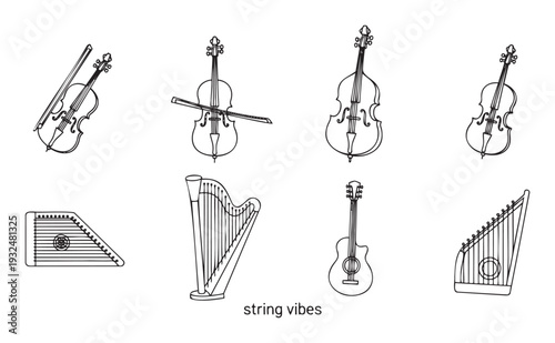 A diverse collection of string musical instruments featuring violins, cello, double bass, acoustic guitar, and harps, perfect for musicthemed projects, educational content, or cultural