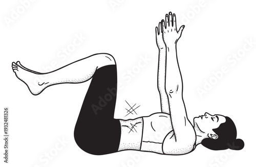 A woman performing a dead bug exercise to strengthen her core and improve physical fitness, ideal for illustrating health and wellness content and exercise routines