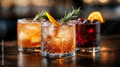 Three chilled cocktails on a polished bar: two amber old-fashioned glasses with ice, orange peel and rosemary sprigs, and a dark berry cocktail with orange slice in warm inviting bokeh light