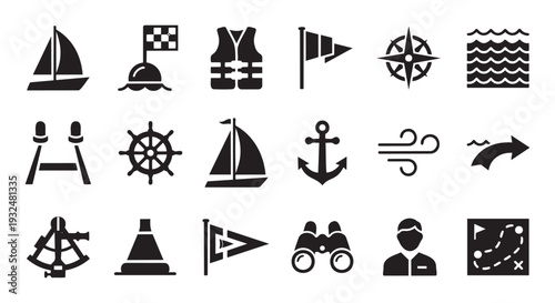 A comprehensive collection of sailing and navigation icons representing various marine activities and equipment perfect for web graphics, educational resources, and boating enthusiast