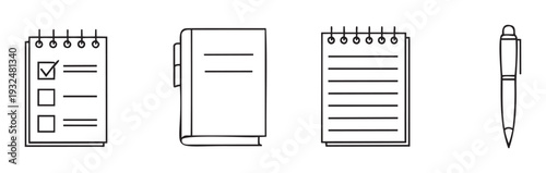 Collection of essential office and study supplies including a checklist notepad, a tabbed book, a lined notepad, and a writing pen for business, education, and personal productivity concepts