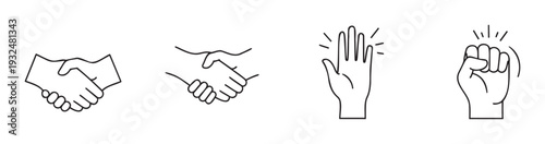 A collection of minimal hand gesture outline icons including handshake, high five, and knocking fist, perfect for illustrating concepts of agreement, communication, greeting, and