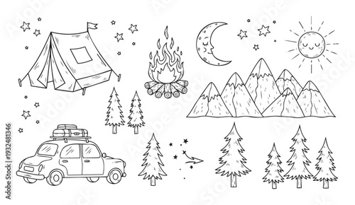 Outdoor adventure travel elements with camping tent, bonfire, forest trees, snow capped mountains, vacation car, sun, and moon for summer holiday resources