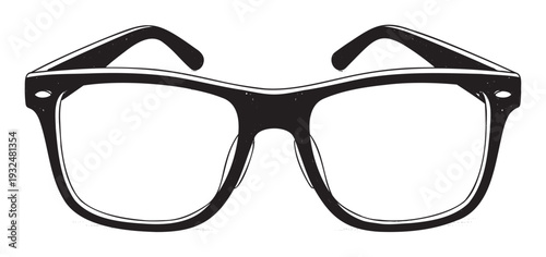 Bold black and white eyeglasses drawing with a thick frame representing vision and intelligence for optical store marketing or educational materials