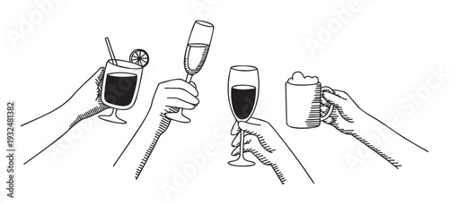 Various hands holding popular drinks like cocktails, champagne, wine, and beer, perfect for depicting celebrations, parties, or social gatherings.