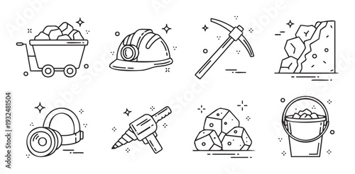 Black and white line icons depicting essential mining elements like a miners helmet, pickaxe, ore cart, safety gear, drilling tool, and extracted minerals, suitable for industryrelated