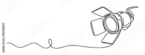 This continuous one line drawing of a professional studio spotlight casting light is perfect for media production presentations, entertainment industry promotions, or event invitation