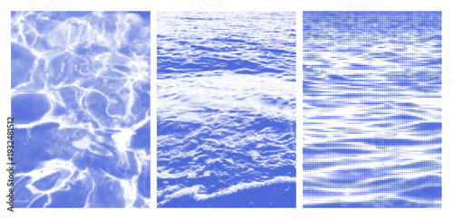 Halftone ocean and swiming pool water ripple sutface, abstract blue sea water texture with flowing lines. Vector set of illustrations with vintage graphic effect and sun reflection, summer wallpaper