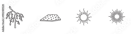 A collection of simple line icons featuring a drooping plant, a perforated mat, and two variations of a radiating sun, perfect for web graphics, educational materials, or decorative digital