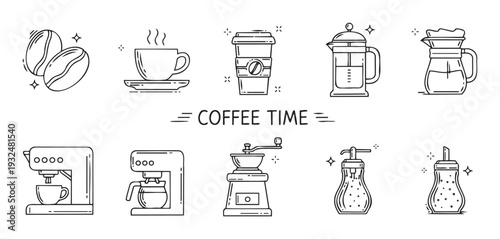Essential coffee brewing equipment and beverage servings are presented in a simple outline style, perfect for cafes, menus, websites, or informational graphics