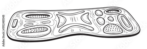 Black and white doodle style climbing hangboard featuring various hand holds and pockets for grip strength training and bouldering fitness exercises suitable for sports equipment branding