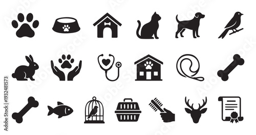 A set of pet care and animal welfare icons featuring domestic animals, veterinary tools, grooming supplies, food, and shelter symbols suitable for web and pet industry branding