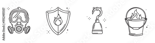 Collection of linear icons depicting essential safety equipment like a gas mask and fire protection symbols, alongside a pirate hook hand for diverse visual storytelling and emergency