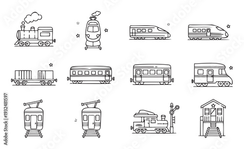 Linear icons illustrating diverse railway transportation, including steam and highspeed trains, passenger coaches, freight cars, trams, and railway signal box, perfect for graphic projects.