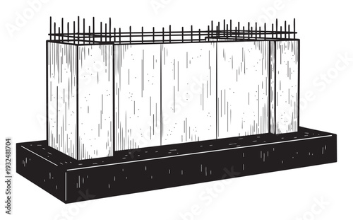 Building foundation construction with reinforced concrete and protruding rebar prepared for structural development, useful for architectural schematics or civil engineering studies