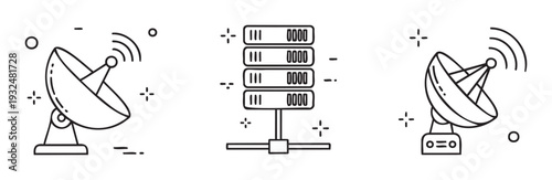 Modern line icon collection representing global communication, network server infrastructure, and satellite connectivity for technology presentations and information sharing applications