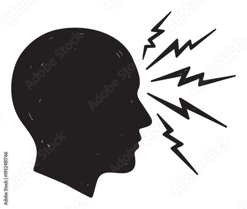 Black silhouette of a human head in profile with radiating lines, representing intense pain, migraine, stress, or a challenging thought process, ideal for health and wellness related