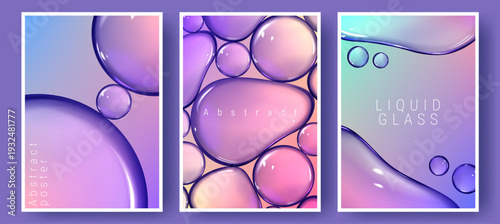 Abstract poster with iridescent liquid glass bubbles. Flowing gradients vector realistic background. Vibrant blue, pink and purple fluid shapes, creative brochure covers and modern graphic templates.