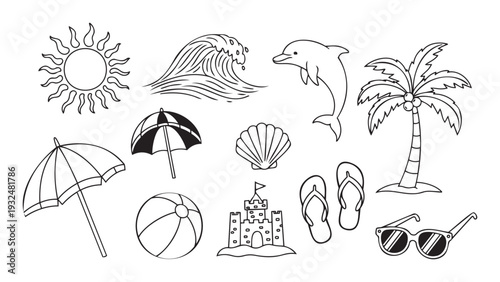 Summer vacation and beach holiday objects collection for travel promotions, seasonal event invitations, and fun tropical themed projects