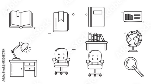 Set of linear education and study themed icons, including books, office desk, desk lamp, student chair, world globe, and magnifying glass, useful for school projects and academic visual