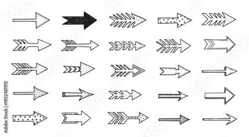 A diverse collection of handdrawn doodle arrows with various shapes and textures provides versatile graphic elements for navigation, pointers, and illustrative communication in digital and