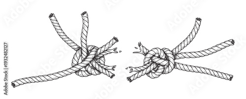 Monochrome graphic of two intertwined ropes forming distinct knots that are visibly damaged and separating, conveying concepts of breakdown, fragility, or severance for visual metaphors.