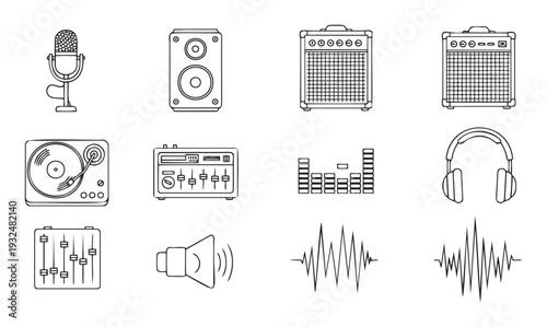 Comprehensive collection of music and audio equipment line icons perfect for illustrating sound production, DJ events, recording studios, or entertainment industry applications.