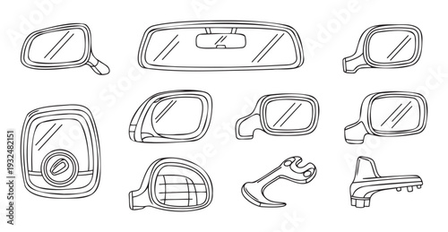 Handdrawn line art collection of various car mirrors and automotive components, ideal for vehicle repair manuals, auto service advertisements, and mechanic workshop visual aids.