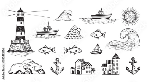 Coastal life collection featuring a prominent lighthouse, various boats, powerful ocean waves, sun, fish, classic anchors, and charming seaside homes, useful for themed educational