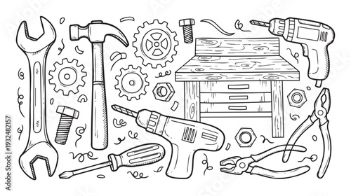 Black and white line drawing of various hand tools and workshop elements including wrench hammer drill and workbench for home improvement or industrial themes.
