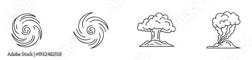 Illustrative linear drawings of impactful natural and humancaused disasters, showcasing swirling cyclones, a mushroom cloud blast, and an active volcano, for safety awareness programs.