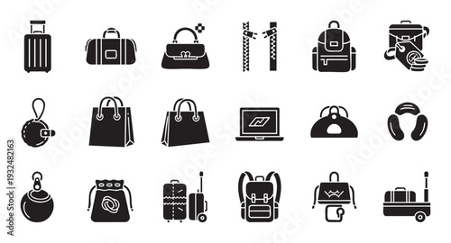 Vector set of diverse bags and travel accessories glyph icons for ecommerce, mobile applications, tourism promotions, and fashion retail graphic assets