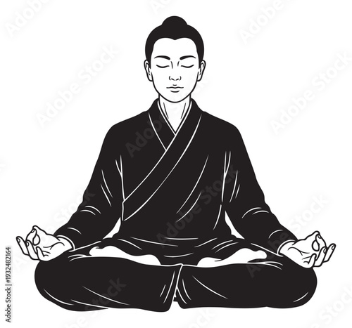 Asian person meditating deeply in a calm lotus pose, embodying spiritual wellness and mindfulness for use in yoga studio promotions, peaceful lifestyle articles, and relaxation guides.