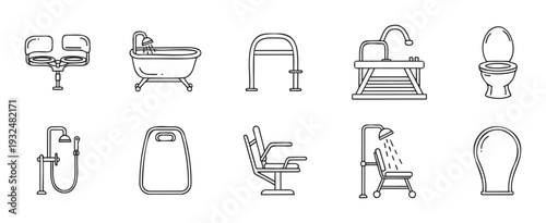 Collection of outline icons for various bathroom fixtures, hygiene equipment, and accessibility aids, useful for healthcare websites, senior living brochures, or product catalogs