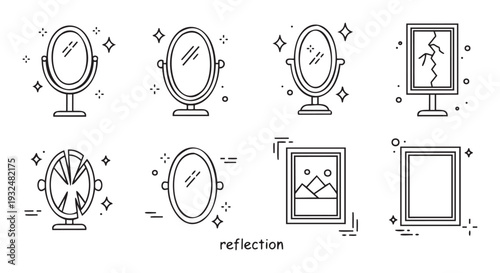 Collection of simple black and white outline vector icons showing different desktop mirrors and picture frames representing reflection concepts for user interface elements and digital media