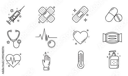 Essential medical and healthcare prevention, treatment, and wellbeing icons provide graphic resources for digital interfaces, educational materials, and health promotions.