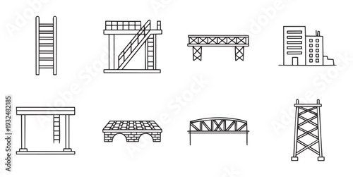 A collection of essential outline icons depicting various structural constructions and architectural elements useful for engineering project layouts and building development presentations