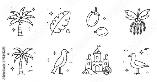 Collection of summer vacation outline icons featuring palm trees, tropical fruits, a sandcastle, and seabirds, perfect for travel blogs, beach party invitations, or holiday marketing