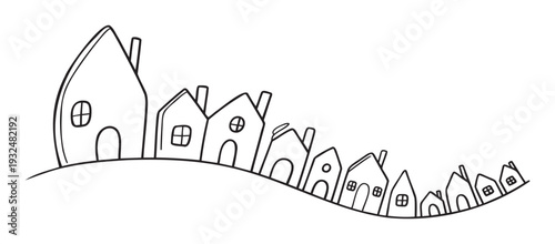Simple hand drawn line illustration depicting a charming row of quaint houses ascending a gentle hill, perfect for real estate, community, or home decor branding and educational materials