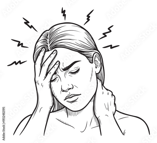Young woman with hands on head and neck illustrating a severe headache or stress, ideal for medical, wellness, and symptomrelated visual media