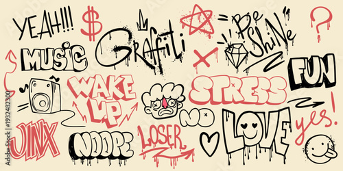 Street art doodles with rap music symbols, city graffiti tags, and urban spray paint elements in retro black red colors isolated on background. Artistic hip-hop culture vector patterns, wall design