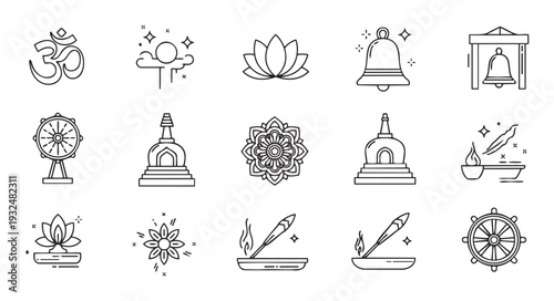 Explore a comprehensive set of spiritual line icons including Om, lotus, Dharma wheel, bells, stupas, and incense, ideal for wellness applications and cultural graphic projects.