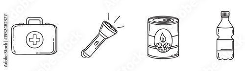 Emergency survival kit items featuring a first aid box a bright flashlight a sealed can of food and a plastic water bottle for disaster preparedness and safety guidelines